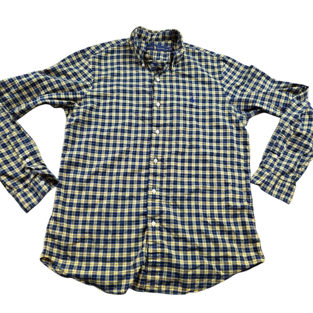 Polo Ralph Lauren Shirt Mens Medium Yelloe Blue Check Button Down Long Sleeve